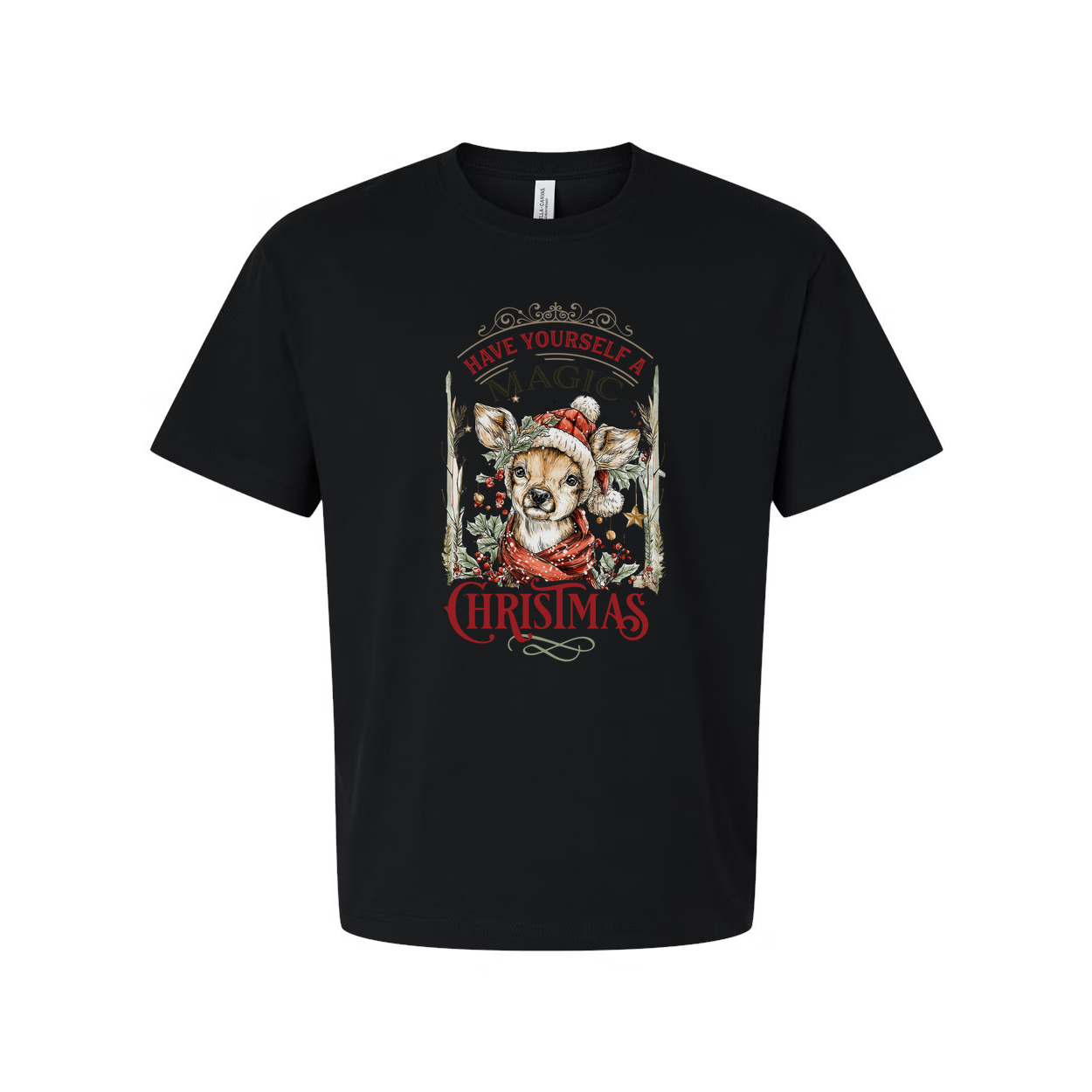Unisex Christmas T Shirt With Festive Dog Wearing Santa Hat And Red Scarf Graphic