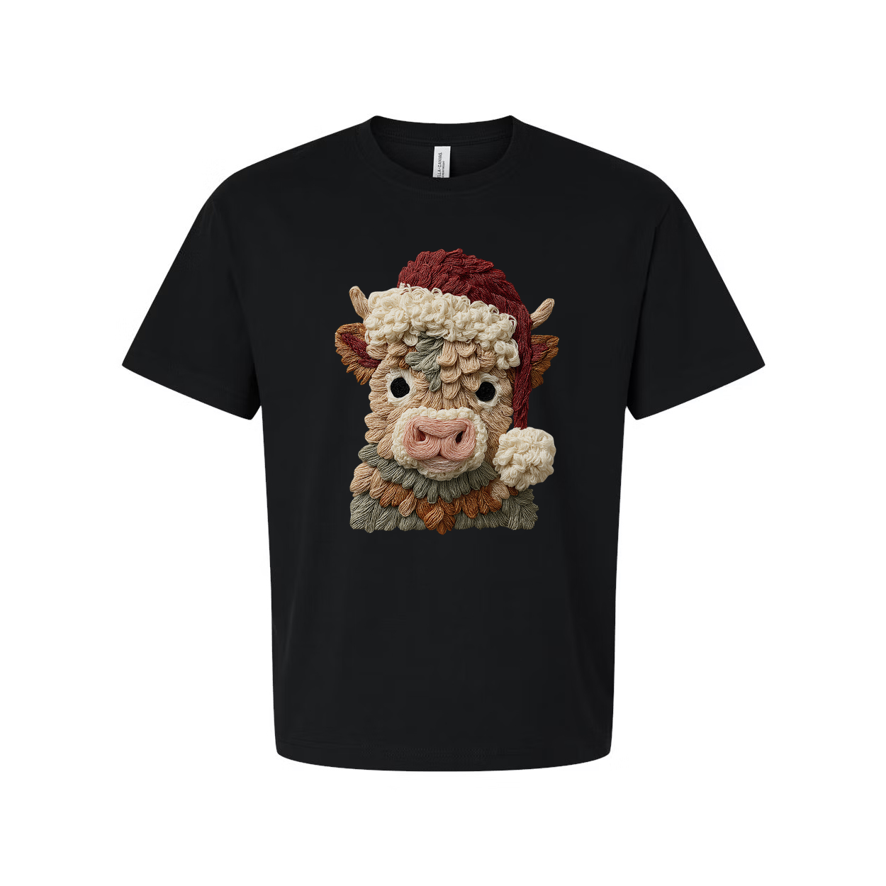Unisex T Shirt With Festive Knitted Bull Portrait And Santa Hat Christmas Design