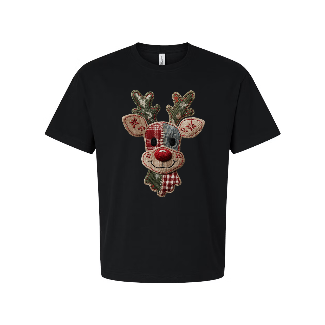 Unisex Christmas T Shirt With Reindeer Patch Logo Featuring Plaid Pattern