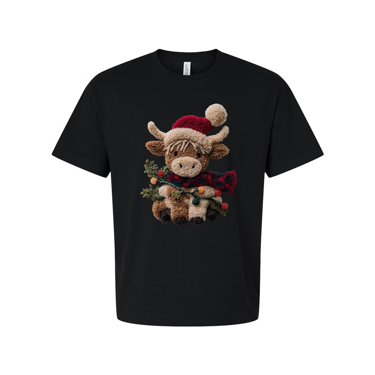 Unisex Christmas T Shirt Featuring Cute Plush Reindeer In Santa Hat And Cozy Red Scarf With Evergreen Garlands