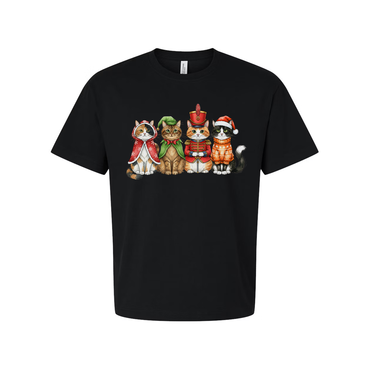 Unisex White T Shirt Featuring Five Festive Cats In Christmas Costumes Artwork Colorful Illustration