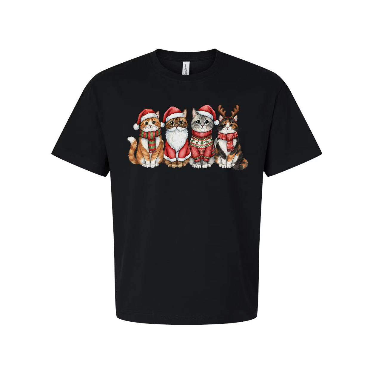 Unisex Christmas T Shirt Featuring Four Festive Cats In Santa Hats And Cozy Sweaters