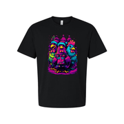 Unisex Christmas T Shirt With Neon Colorful Chickens Gift Box And Christmas Trees Graphic