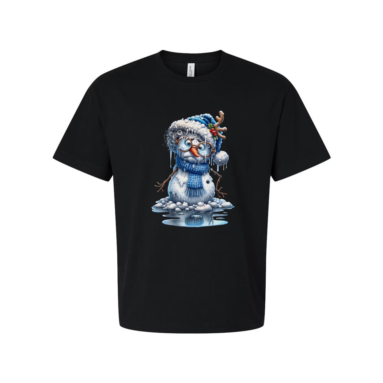 Snowman Graphic T Shirt With Blue Hat And Scarf Winter Holiday Illustration For Men And Women