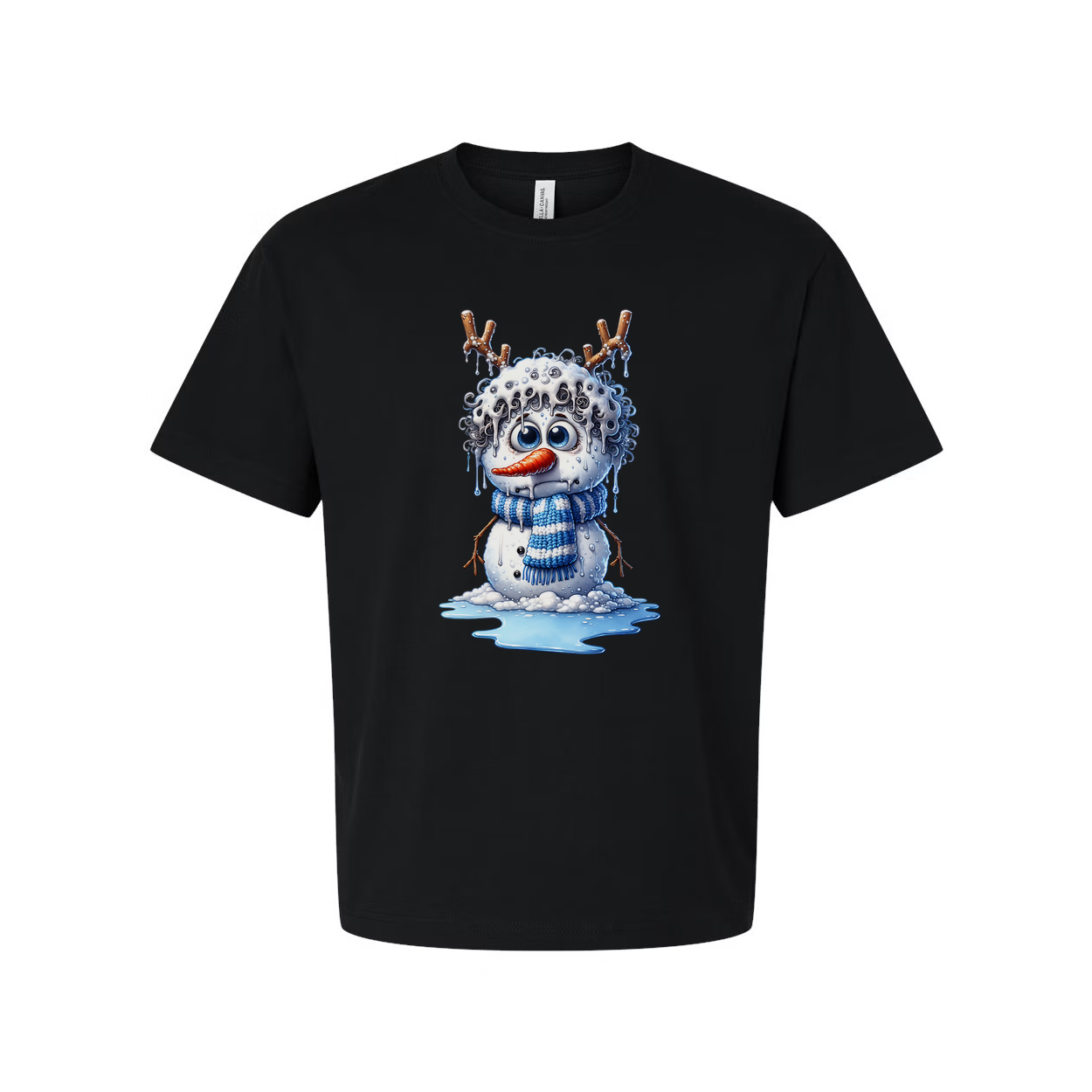 Unisex Snowman Illustration T Shirt With Blue Scarf Antler Twig Design And Melting Ice Splash