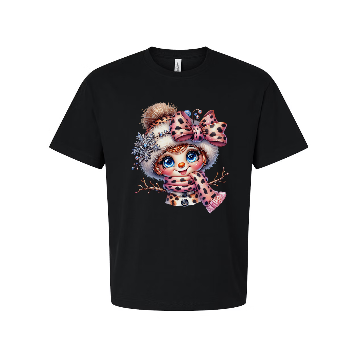 Cute Snowgirl Cartoon T Shirt With Leopard Print Scarf And Bow For Christmas And Snowflake Accessories