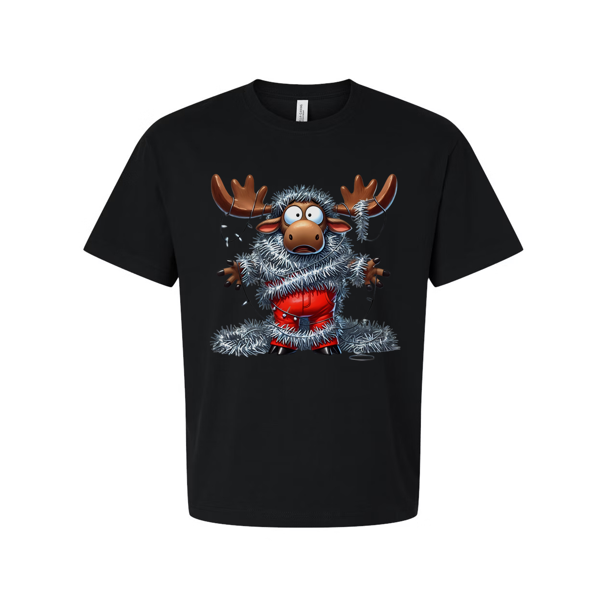 Unisex Christmas Moose Graphic T Shirt With Tinsel Lights Funny Festive Apparel Collection