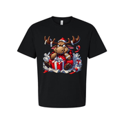 Unisex Christmas Moose Illustration T Shirt With Santa Hat And Gift Boxes Design
