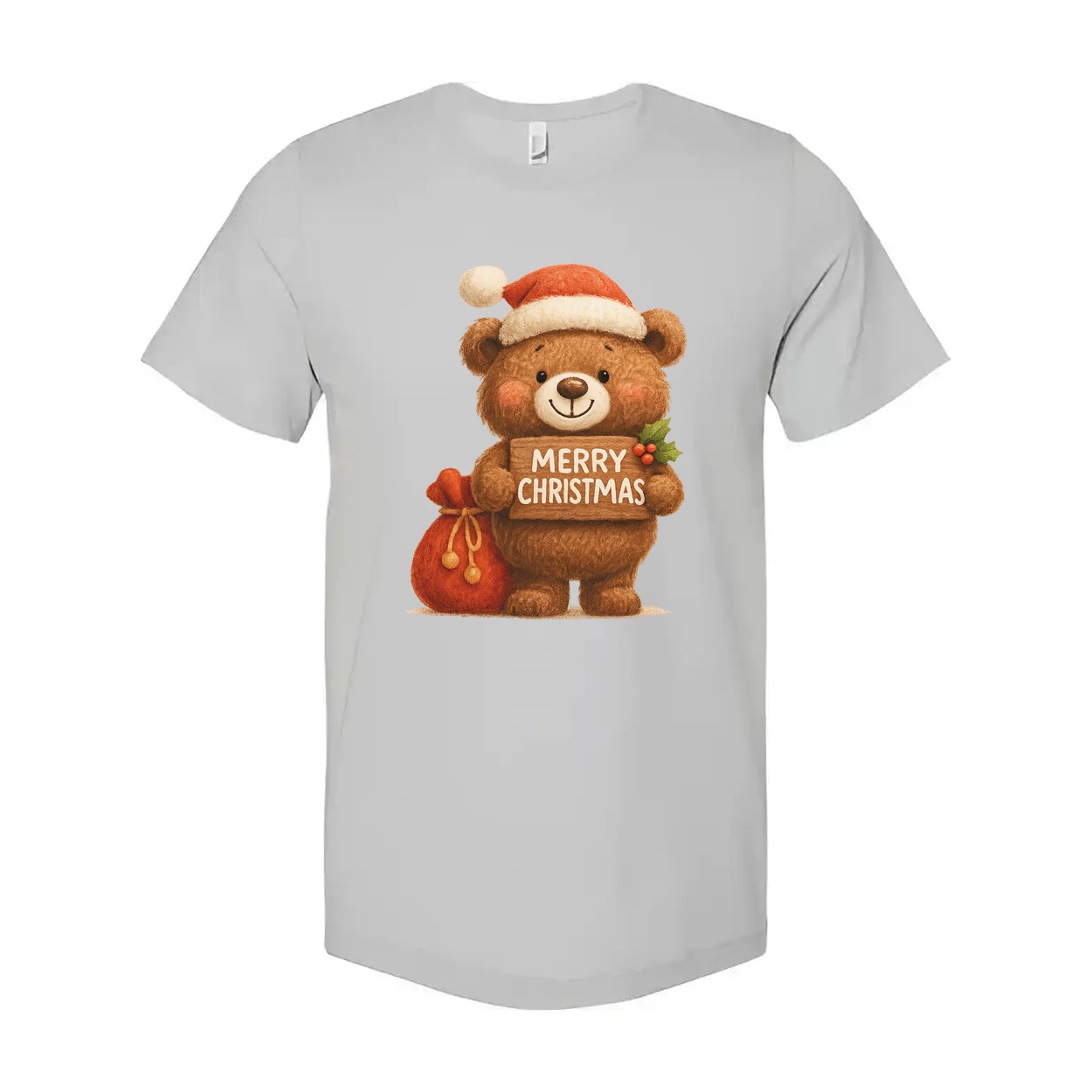 Unisex Christmas T Shirt With Cute Teddy Bear Santa Hat Holding Merry Christmas Sign Graphic