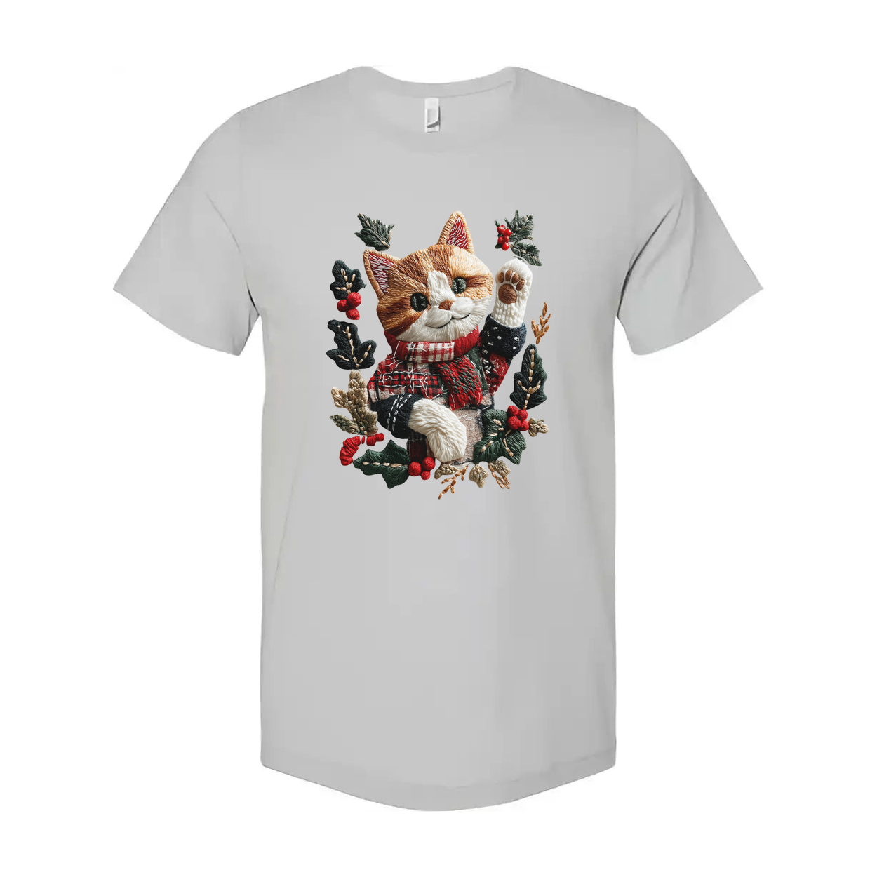 Unisex Christmas T Shirt With Cat In Red Scarf Surrounded By Holly Design