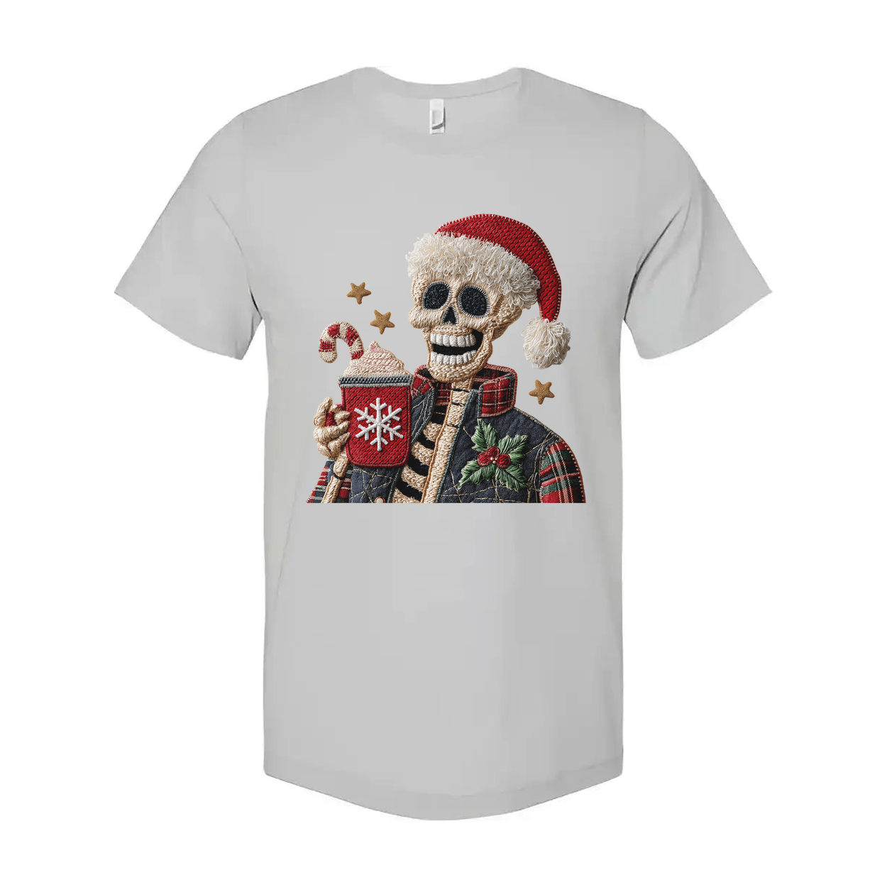 Unisex Christmas Skeleton Wearing Santa Hat Holding Snowflake Mug Graphic Tee For Holiday Season
