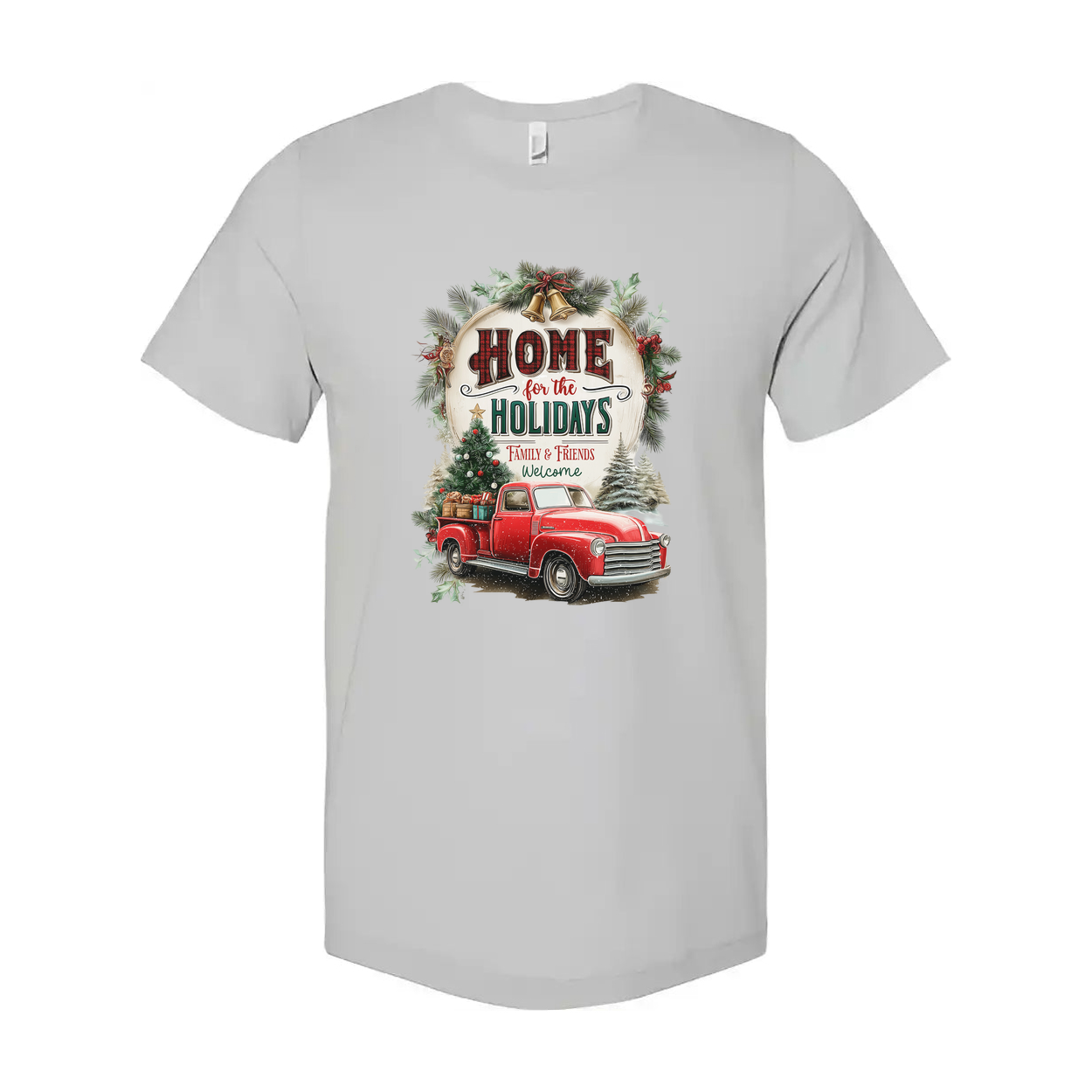 Unisex Christmas T Shirt With Vintage Red Pickup Truck And Home For The Holidays Graphic