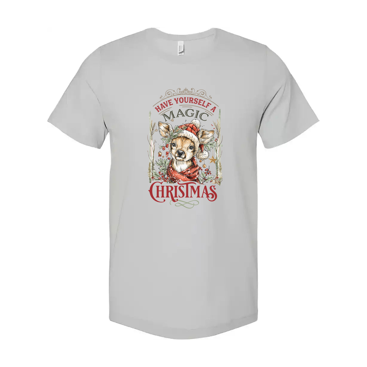Unisex Christmas T Shirt With Festive Dog Wearing Santa Hat And Red Scarf Graphic