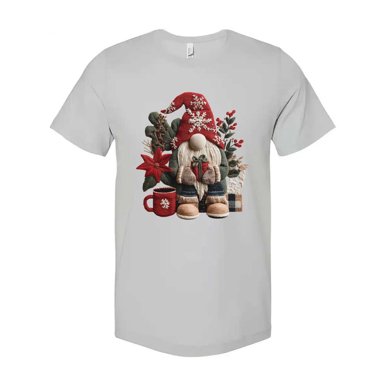Christmas Gnome Graphic Unisex T Shirt With Red Hat Poinsettia And Cozy Winter Elements