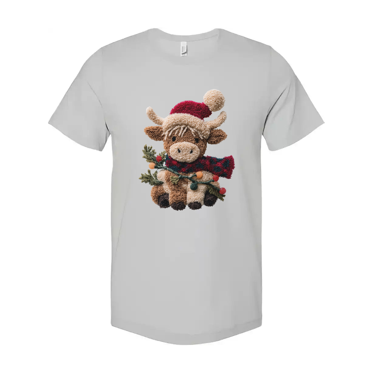 Unisex Christmas T Shirt Featuring Cute Plush Reindeer In Santa Hat And Cozy Red Scarf With Evergreen Garlands