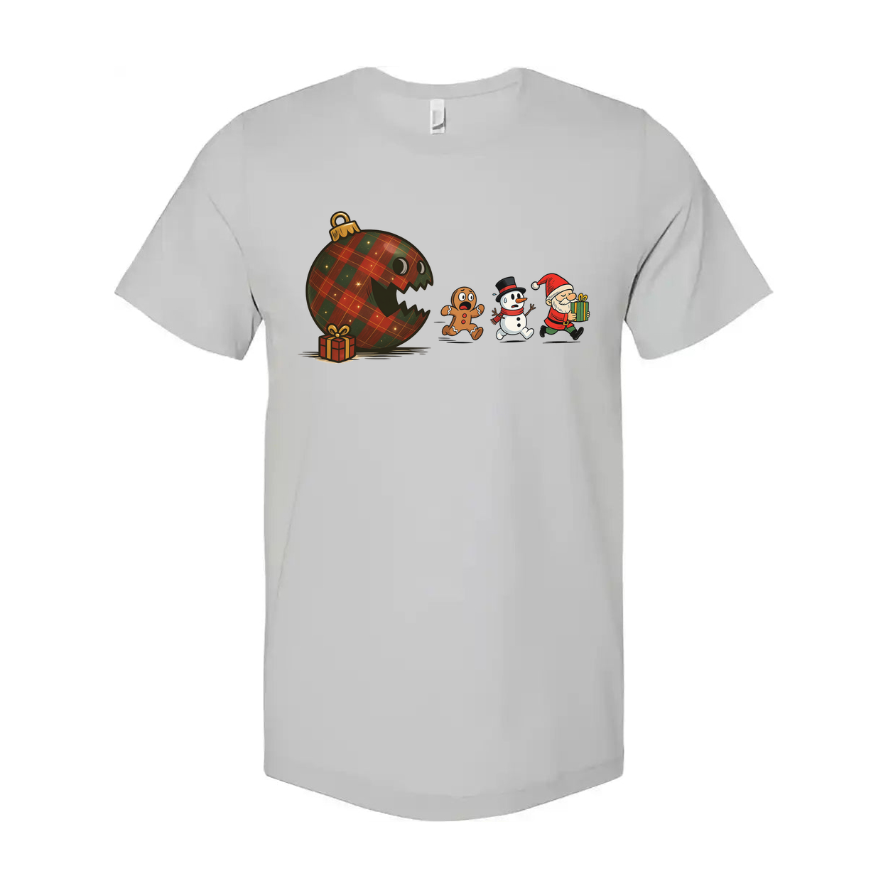Unisex Christmas Graphic Tee Featuring Plaid Ornament Monster Chasing Gingerbread Man Snowman And Santa Claus