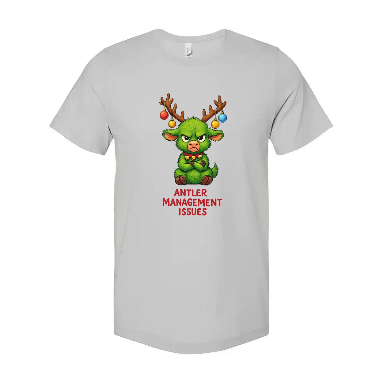 Unisex Antler Management Issues Graphic T Shirt Featuring Grumpy Green Antlered Creature With Christmas Ornaments