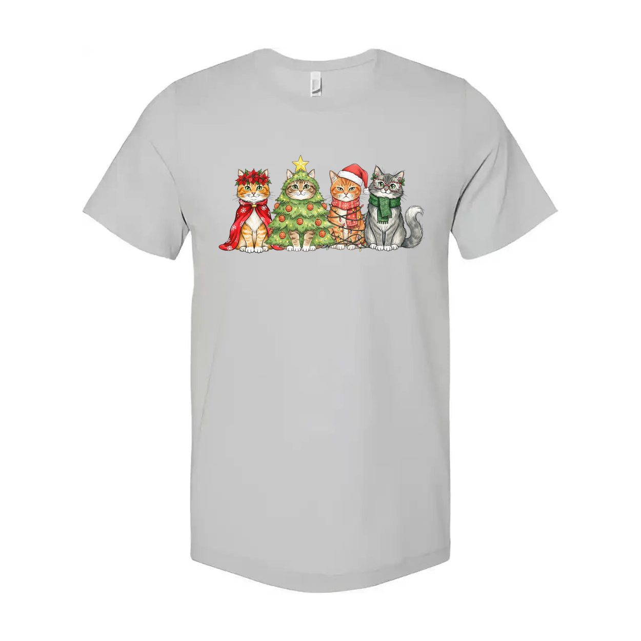 Unisex Christmas Cat T Shirt Featuring Five Festive Cats And A Decorated Christmas Tree Graphic