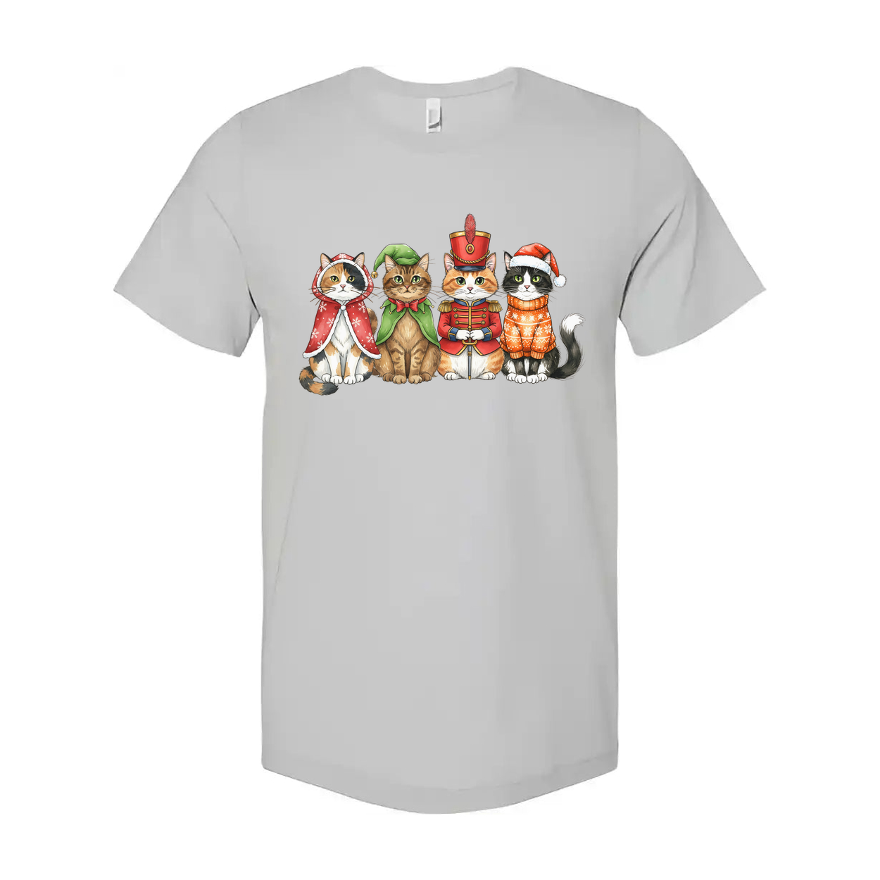Unisex White T Shirt Featuring Five Festive Cats In Christmas Costumes Artwork Colorful Illustration