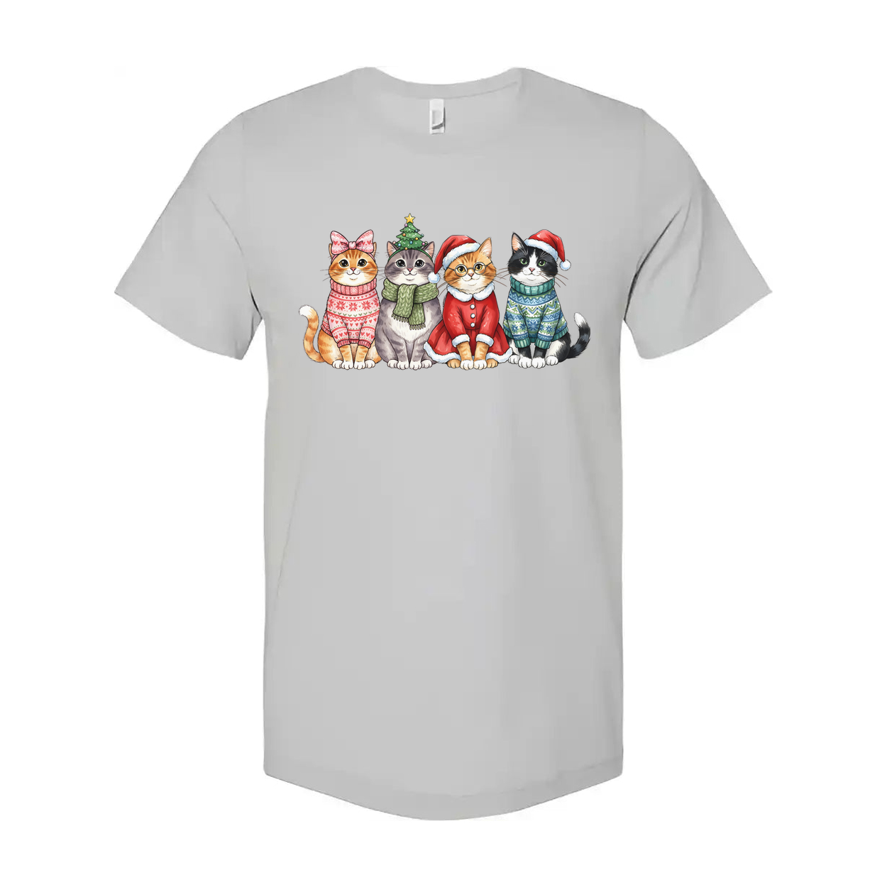 Holiday Cat Friends Christmas Themed T Shirt With Five Festive Cats Wearing Sweaters