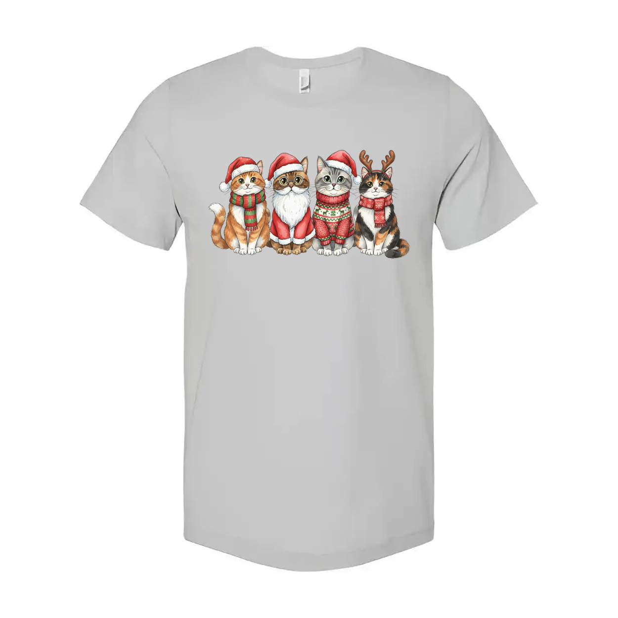Unisex Christmas T Shirt Featuring Four Festive Cats In Santa Hats And Cozy Sweaters