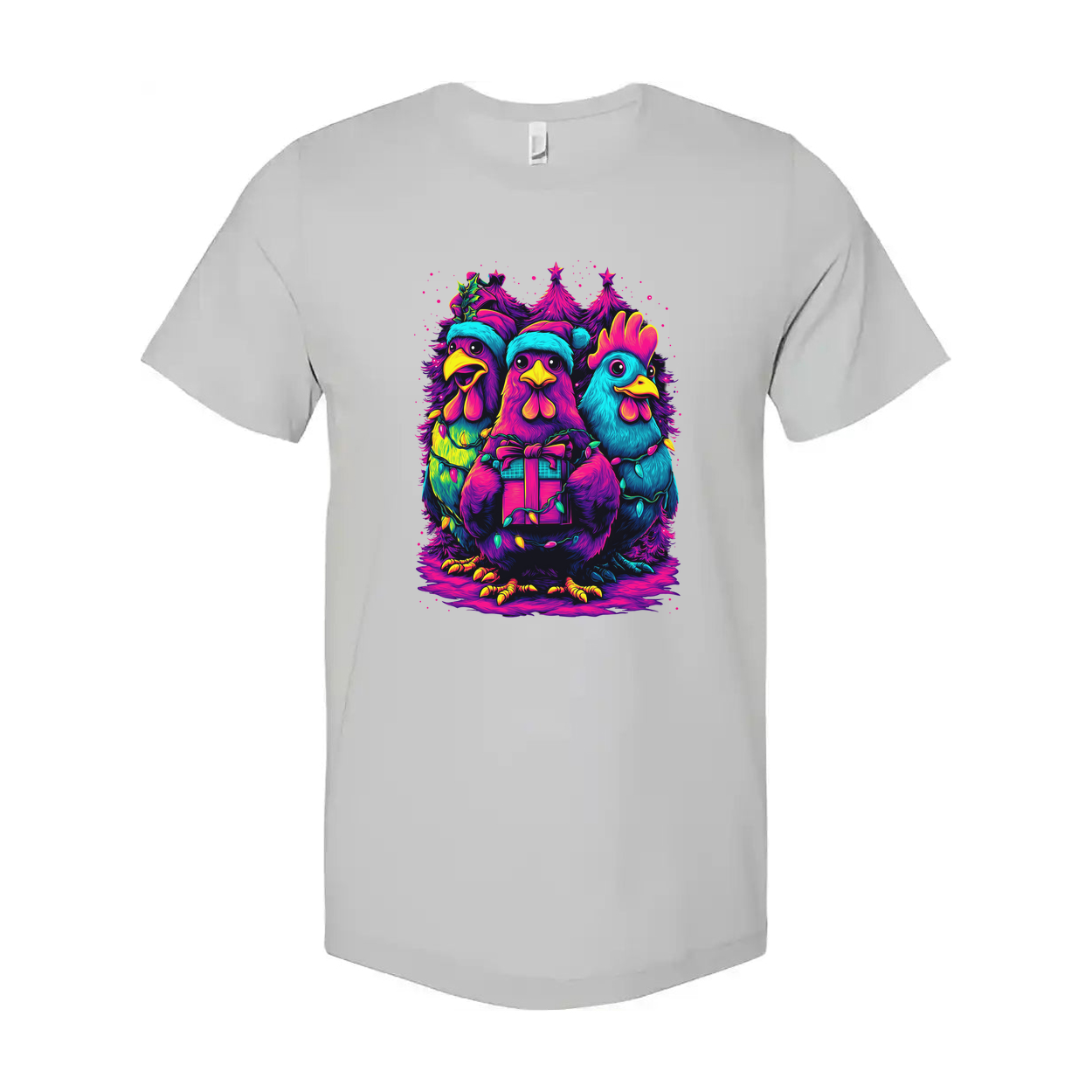 Unisex Christmas T Shirt With Neon Colorful Chickens Gift Box And Christmas Trees Graphic
