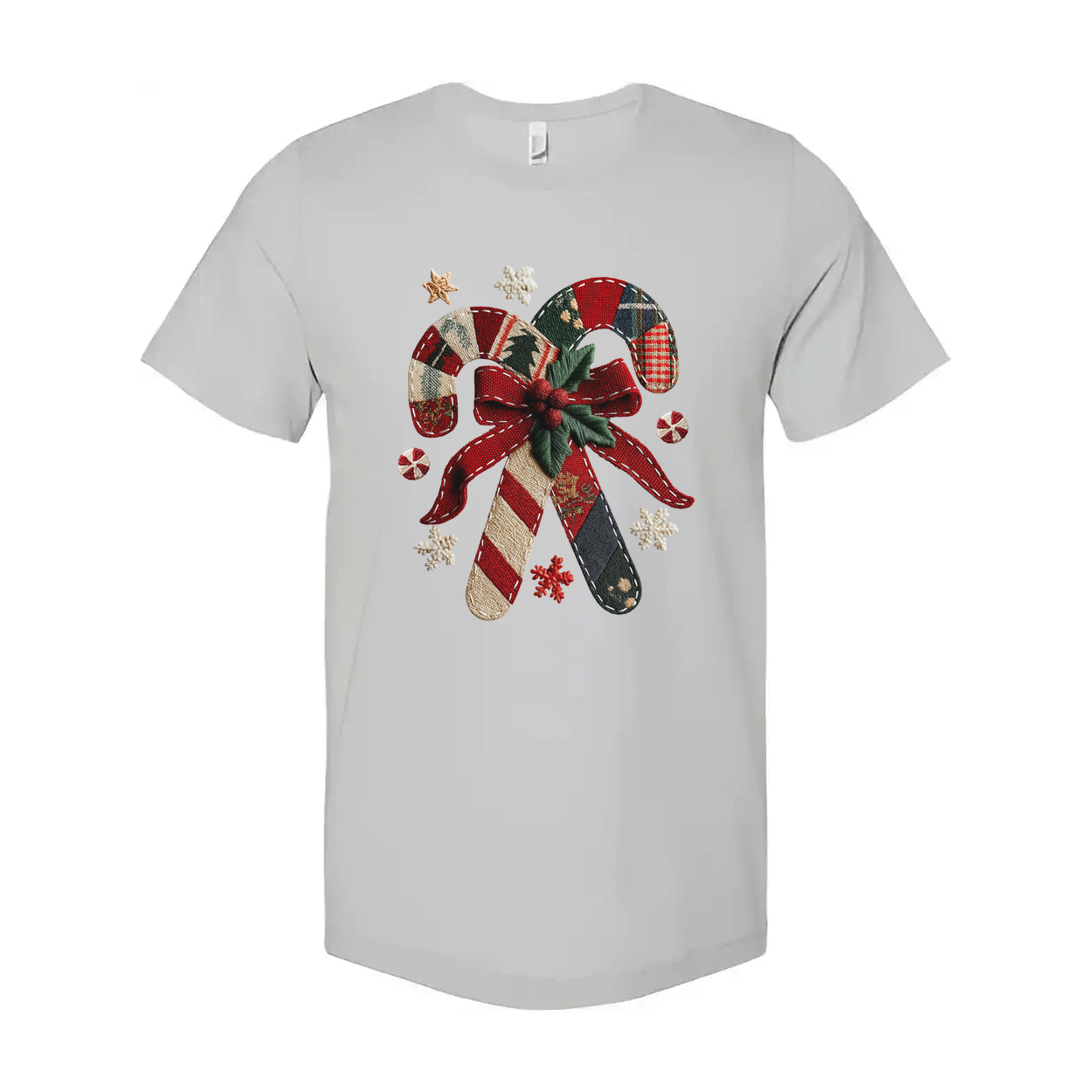 Unisex Christmas Candy Cane Bow Graphic T Shirt With Plaid Red Green Holiday Design