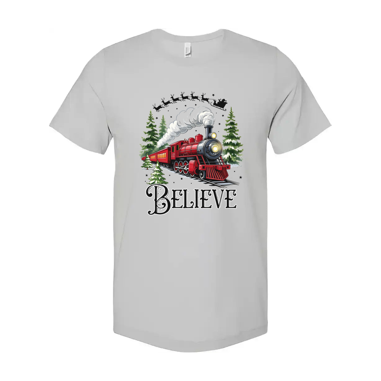 Unisex Christmas Train T Shirt With Red Steam Locomotive And Believe Graphic Artwork