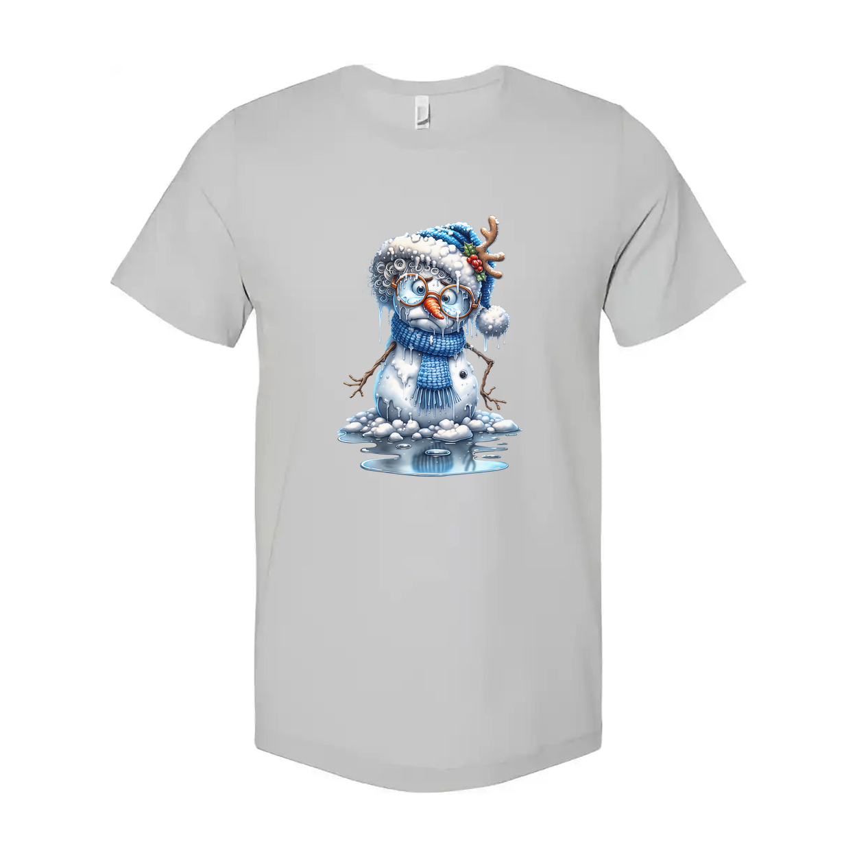 Snowman Graphic T Shirt With Blue Hat And Scarf Winter Holiday Illustration For Men And Women
