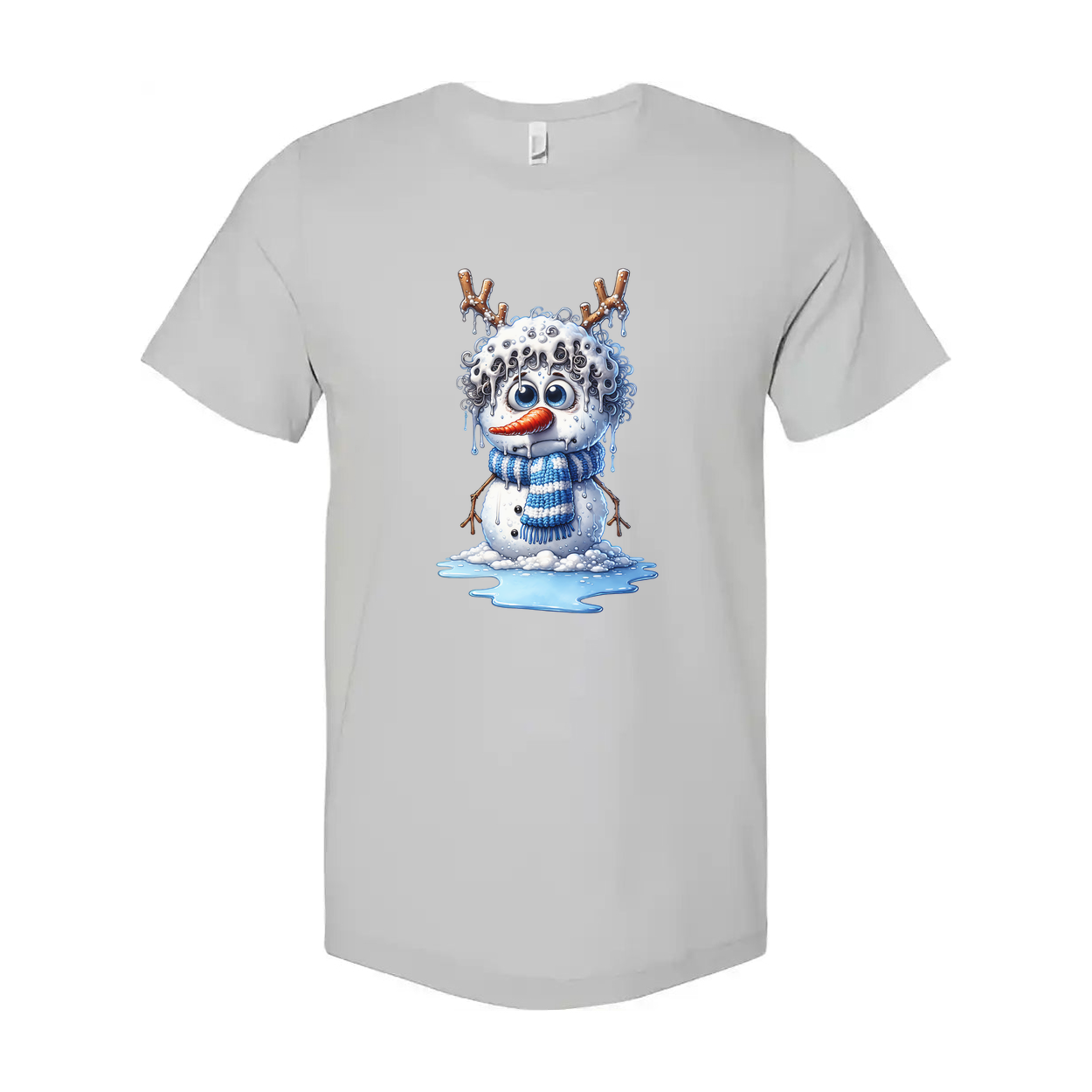 Unisex Snowman Illustration T Shirt With Blue Scarf Antler Twig Design And Melting Ice Splash