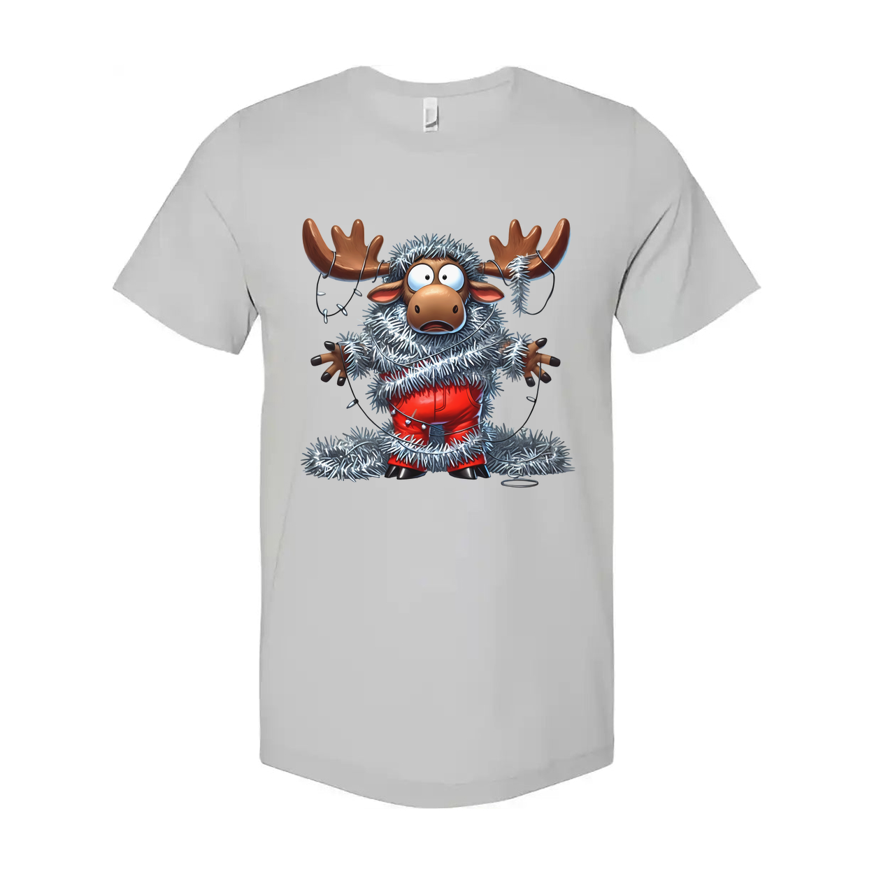 Unisex Christmas Moose Graphic T Shirt With Tinsel Lights Funny Festive Apparel Collection