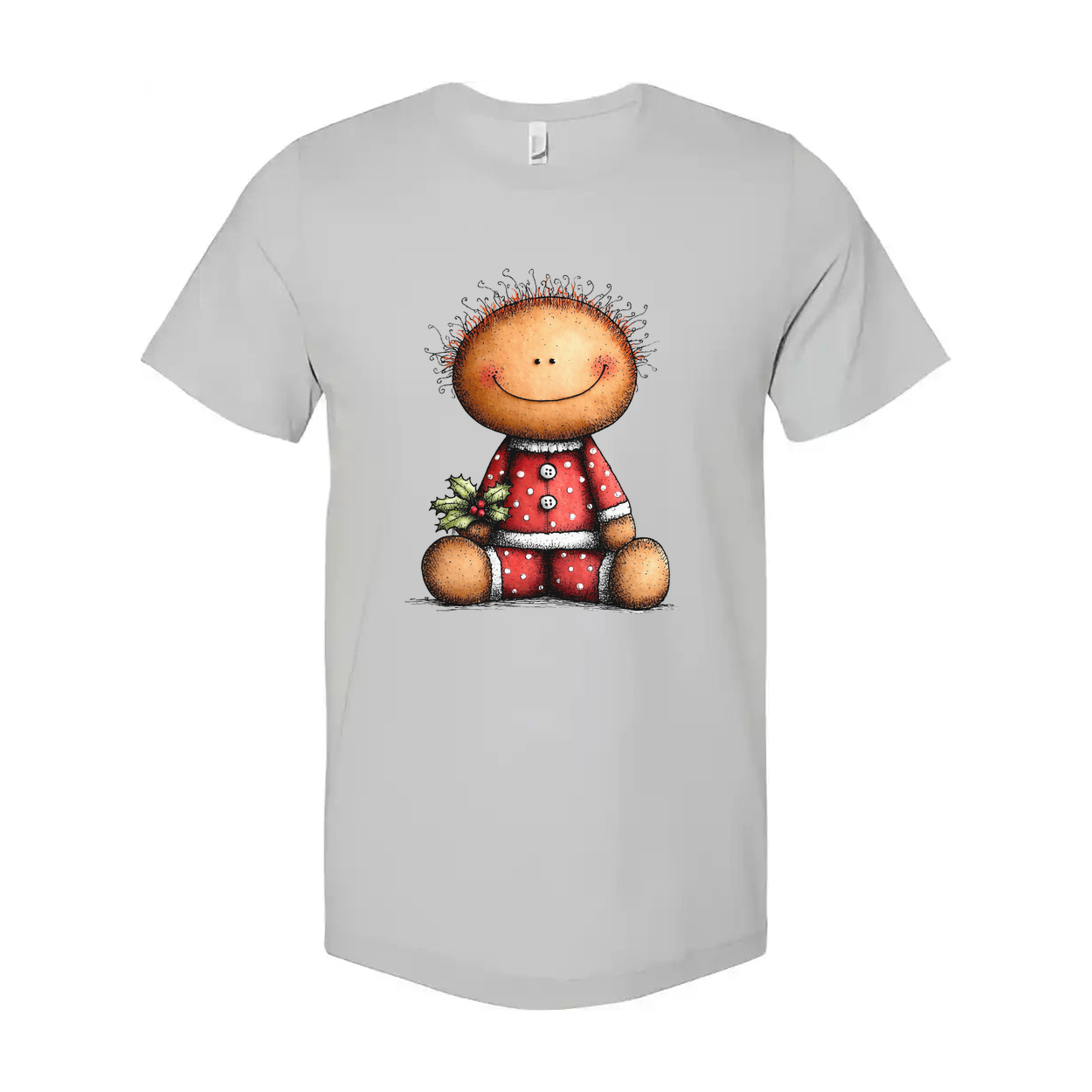 Unisex Christmas T Shirt Featuring Cute Smiley Doll In Red Polka Dot Pajamas And Holly