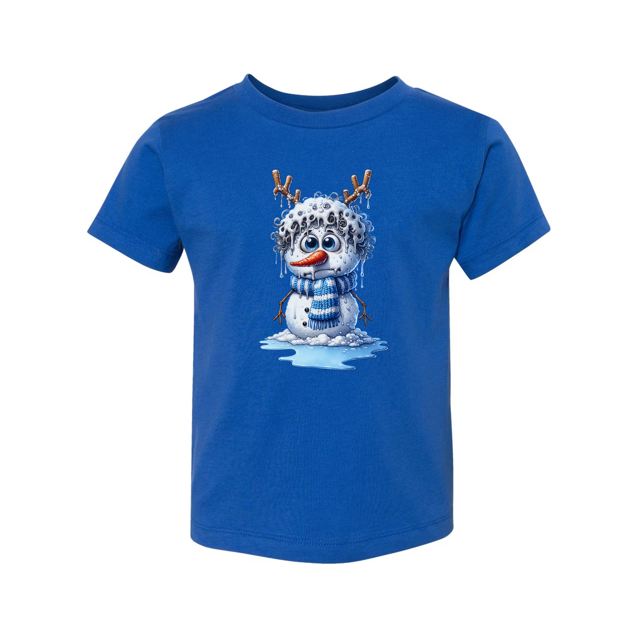 Unisex Snowman Illustration T Shirt With Blue Scarf Antler Twig Design And Melting Ice Splash
