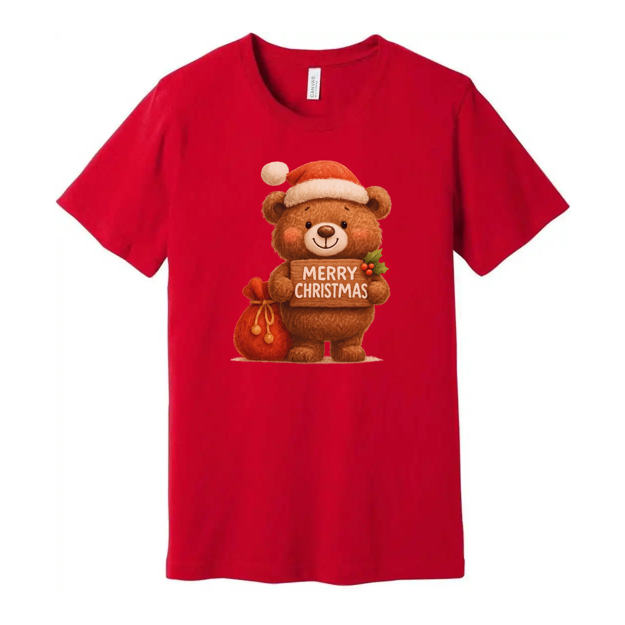 Unisex Christmas T Shirt With Cute Teddy Bear Santa Hat Holding Merry Christmas Sign Graphic
