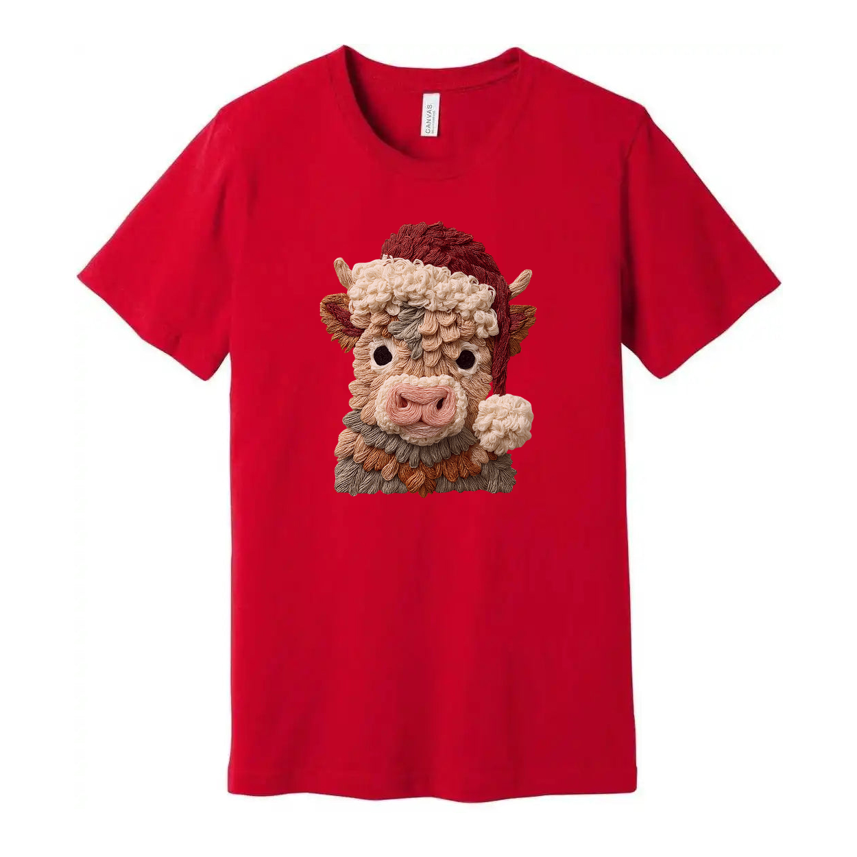 Unisex T Shirt With Festive Knitted Bull Portrait And Santa Hat Christmas Design