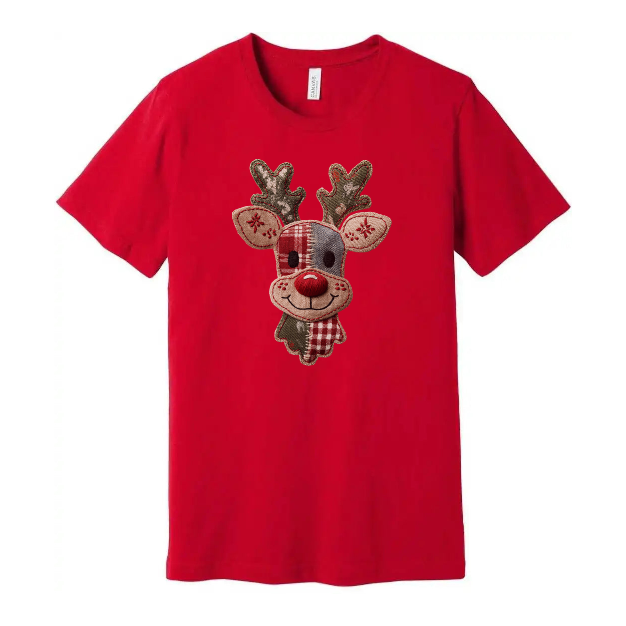 Unisex Christmas T Shirt With Reindeer Patch Logo Featuring Plaid Pattern