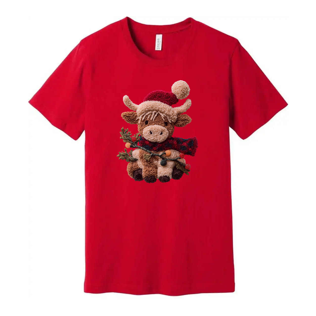 Unisex Christmas T Shirt Featuring Cute Plush Reindeer In Santa Hat And Cozy Red Scarf With Evergreen Garlands