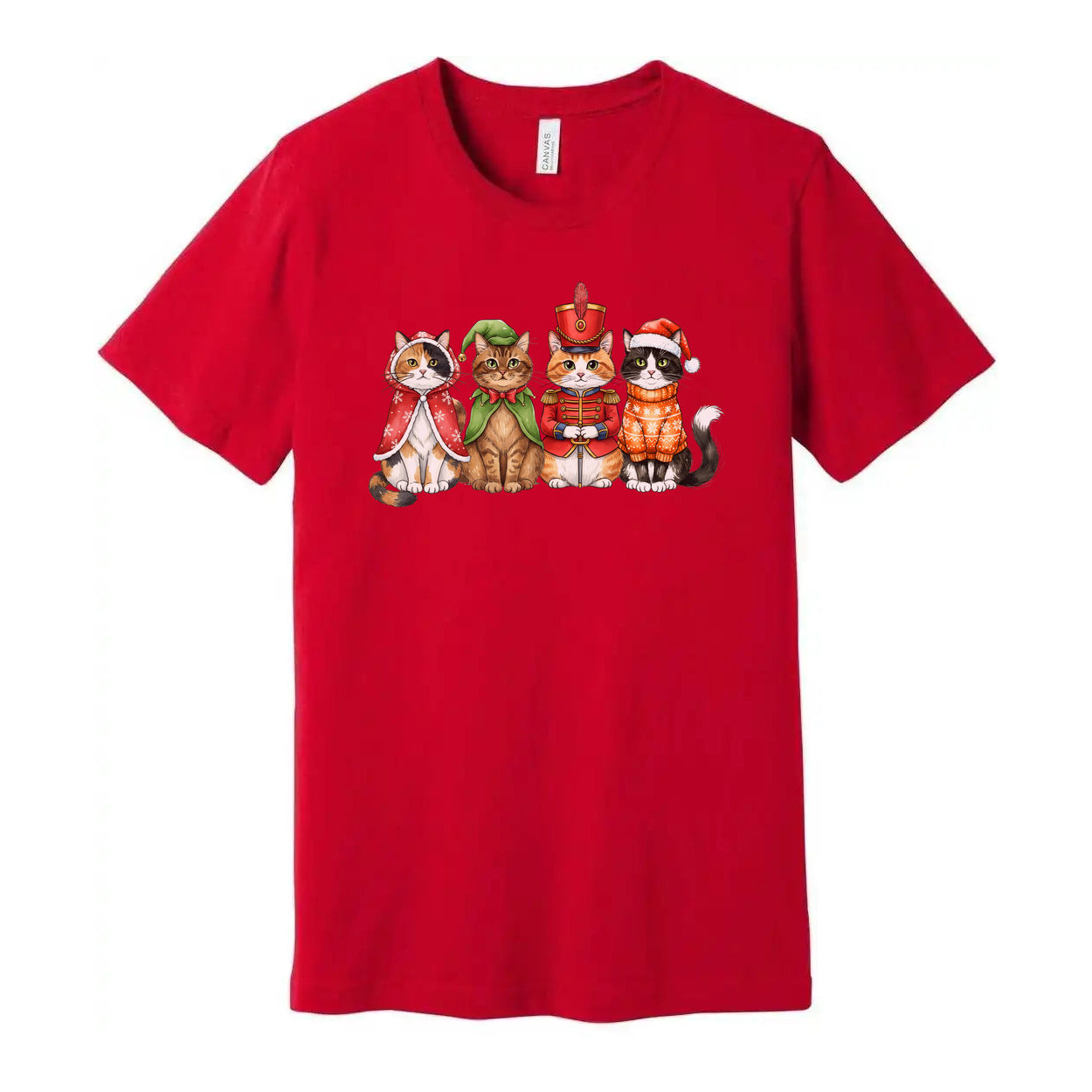 Unisex White T Shirt Featuring Five Festive Cats In Christmas Costumes Artwork Colorful Illustration