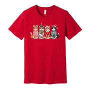 Holiday Cat Friends Christmas Themed T Shirt With Five Festive Cats Wearing Sweaters