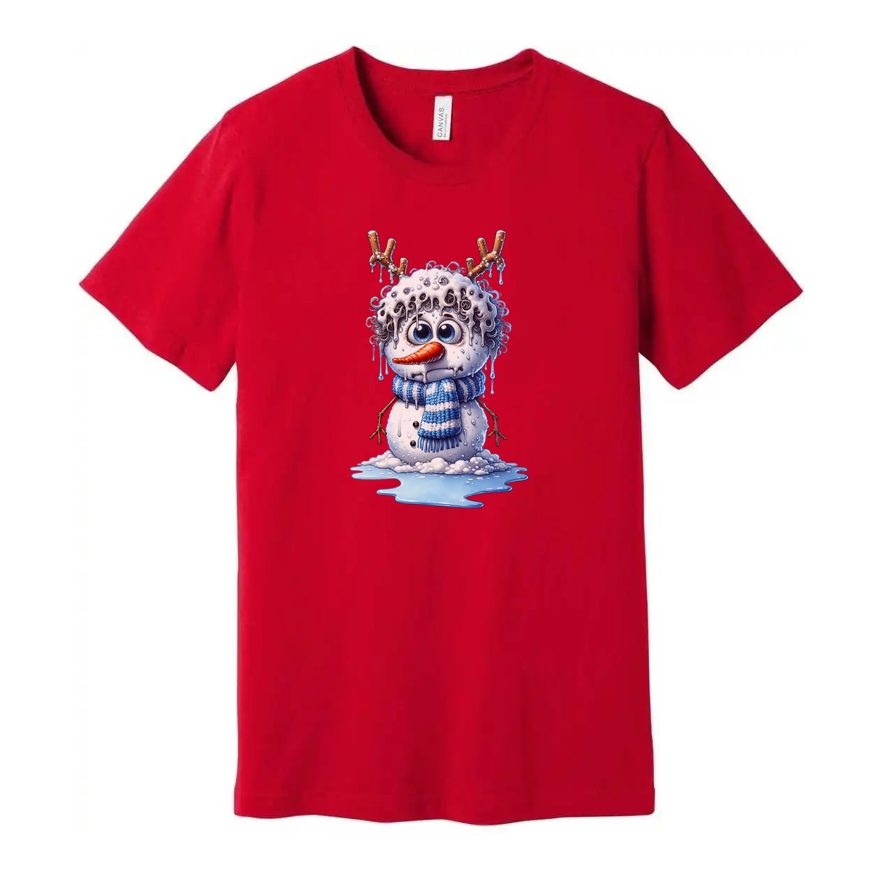 Unisex Snowman Illustration T Shirt With Blue Scarf Antler Twig Design And Melting Ice Splash