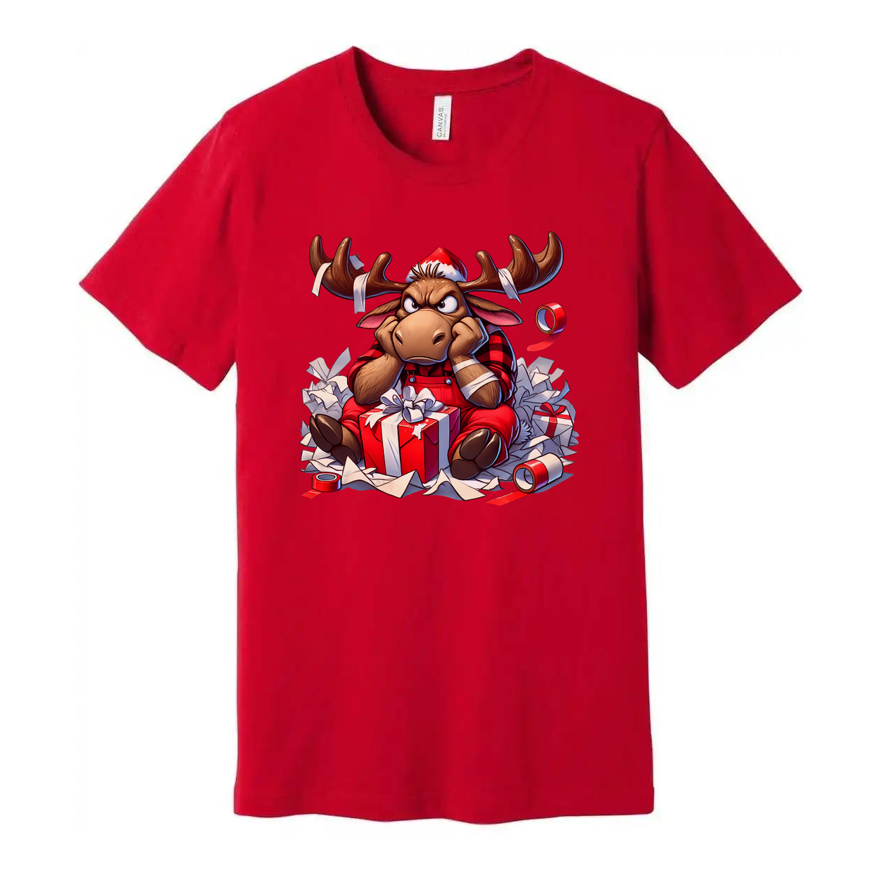 Unisex Christmas Moose Illustration T Shirt With Santa Hat And Gift Boxes Design