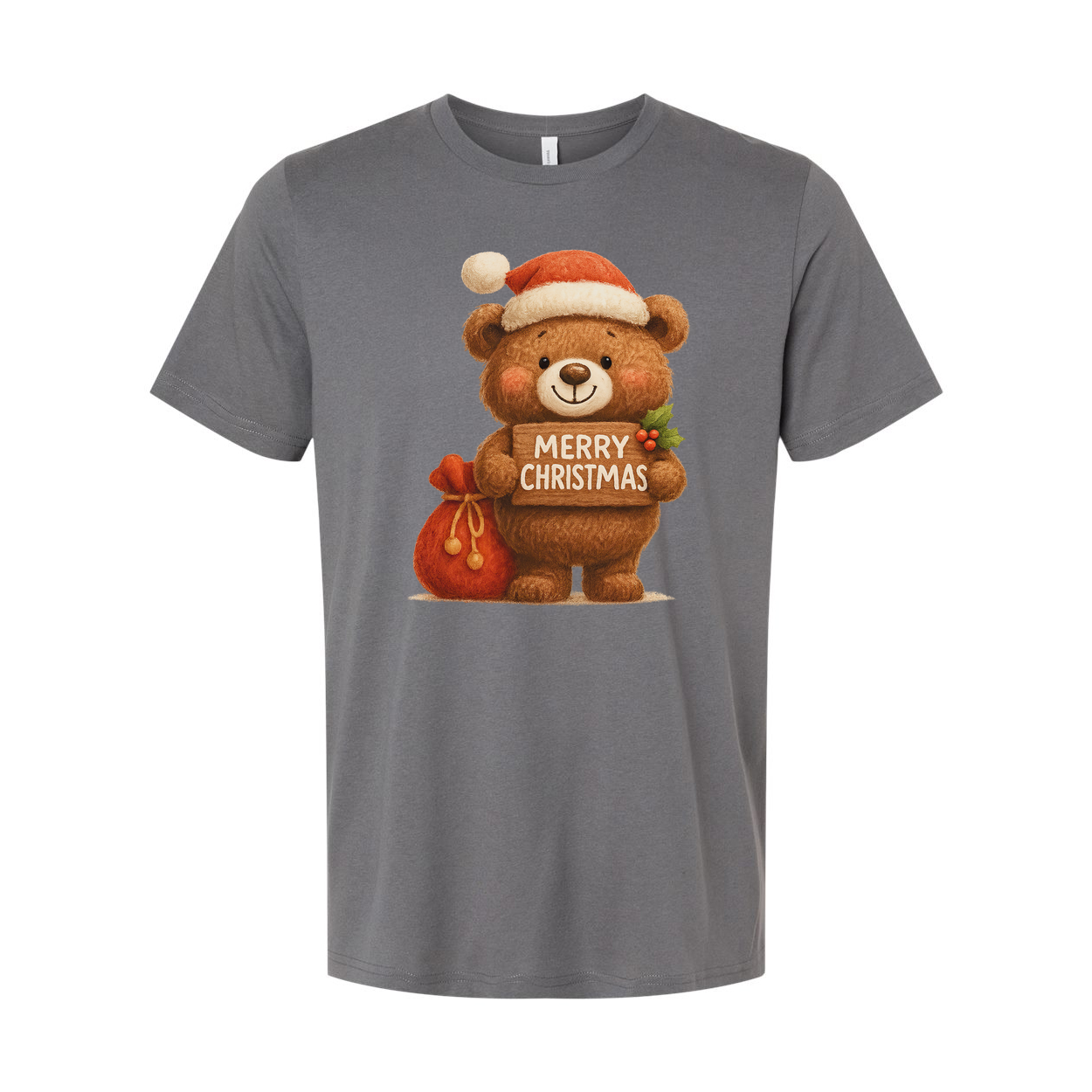 Unisex Christmas T Shirt With Cute Teddy Bear Santa Hat Holding Merry Christmas Sign Graphic