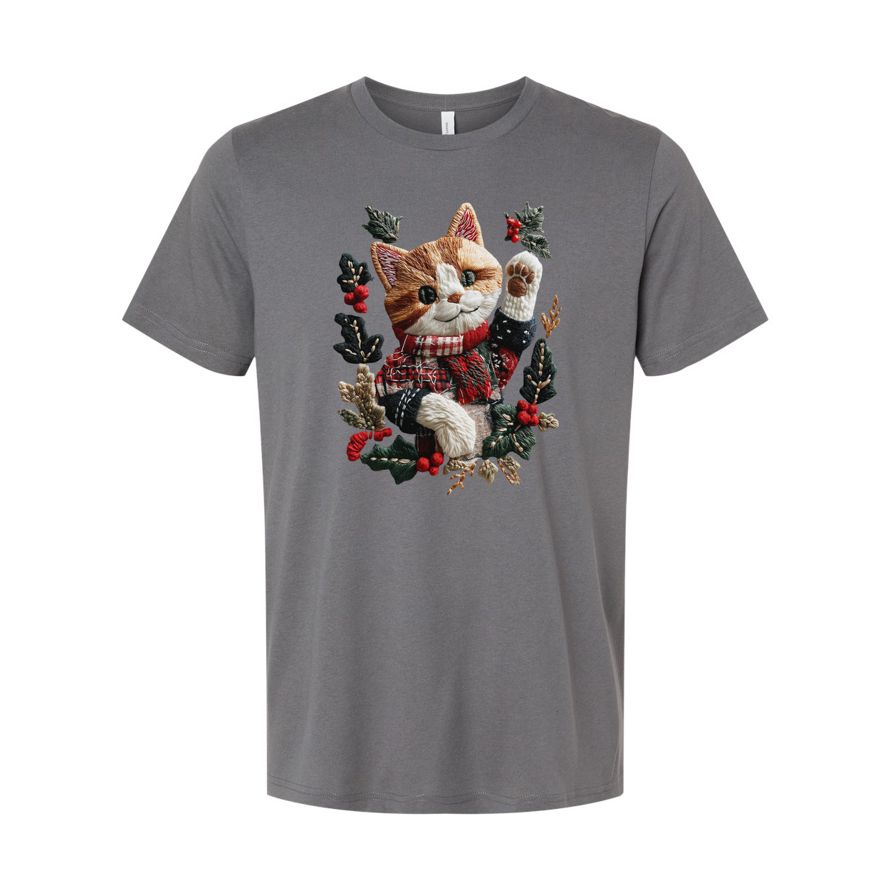 Unisex Christmas T Shirt With Cat In Red Scarf Surrounded By Holly Design