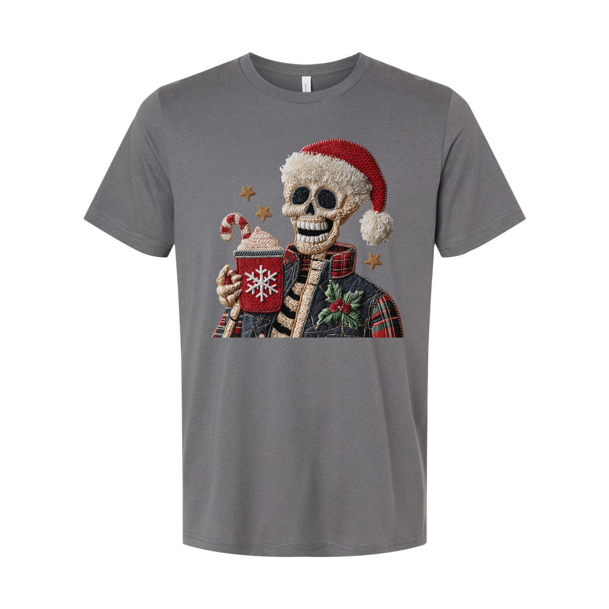 Unisex Christmas Skeleton Wearing Santa Hat Holding Snowflake Mug Graphic Tee For Holiday Season