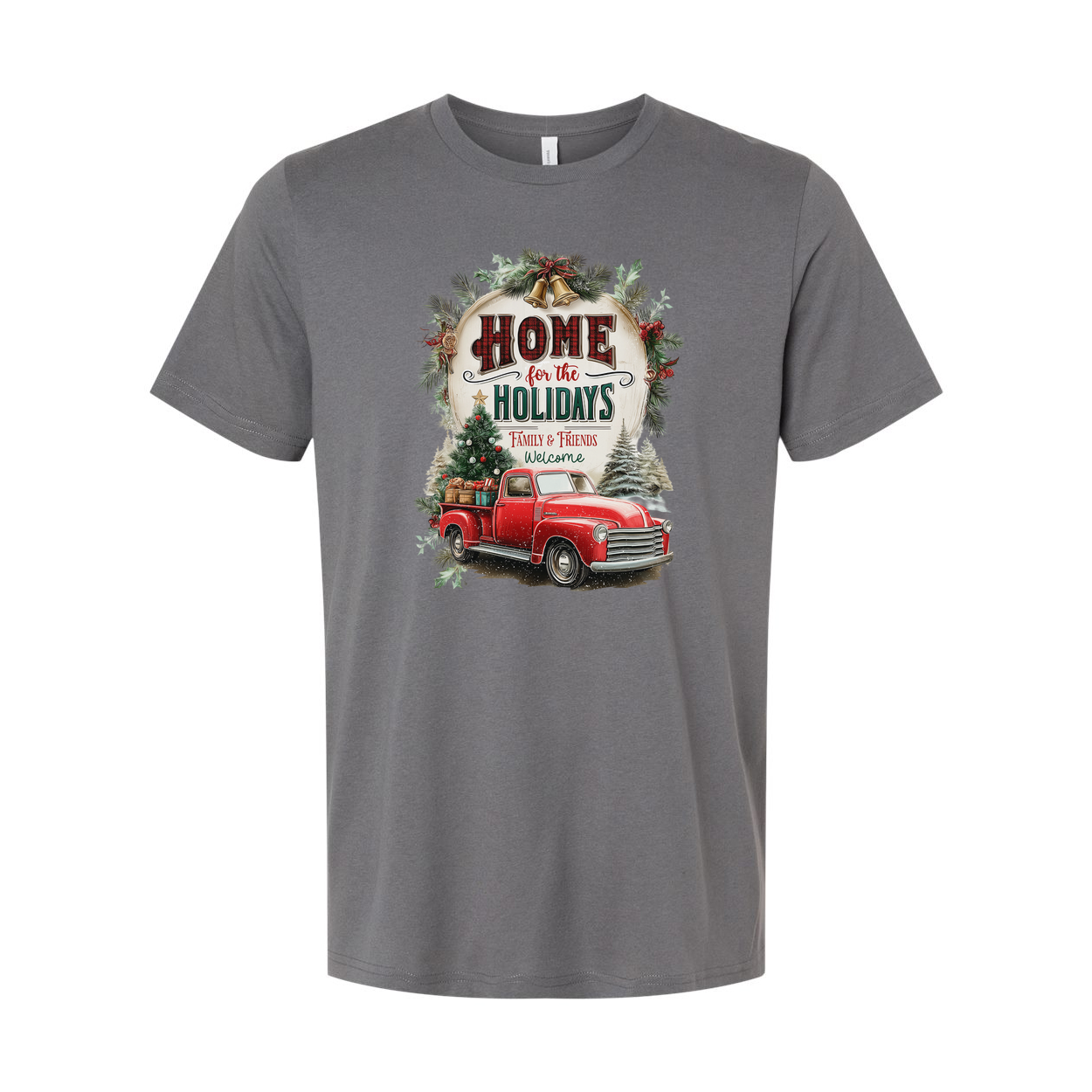 Unisex Christmas T Shirt With Vintage Red Pickup Truck And Home For The Holidays Graphic