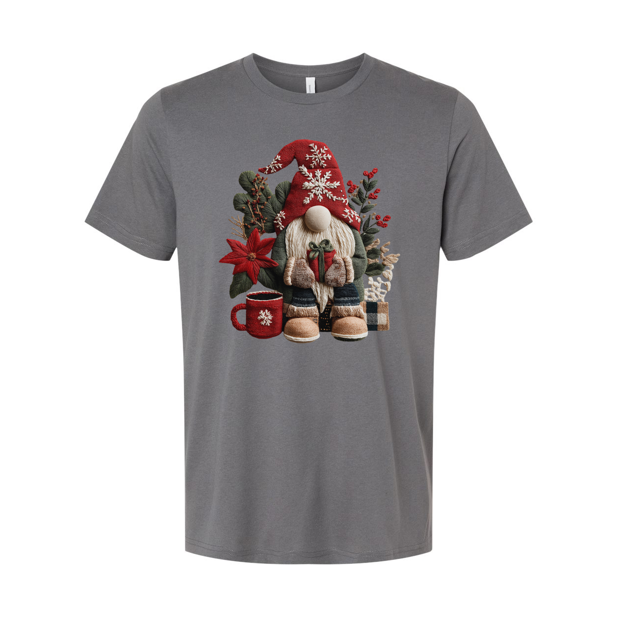 Christmas Gnome Graphic Unisex T Shirt With Red Hat Poinsettia And Cozy Winter Elements