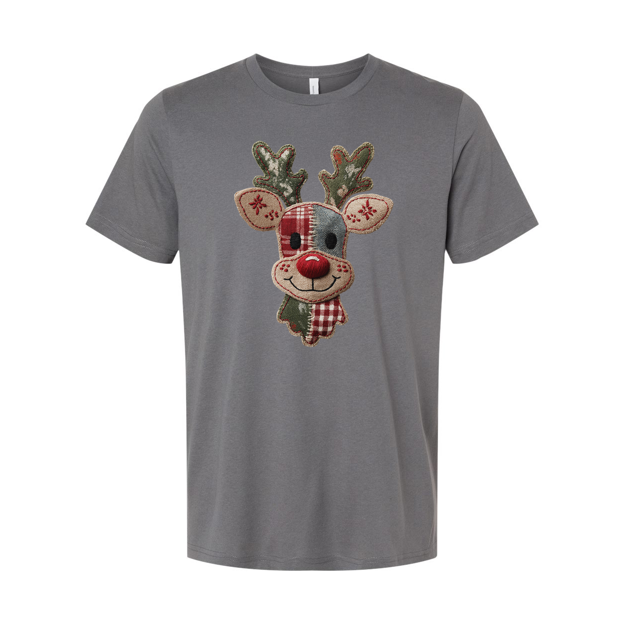 Unisex Christmas T Shirt With Reindeer Patch Logo Featuring Plaid Pattern