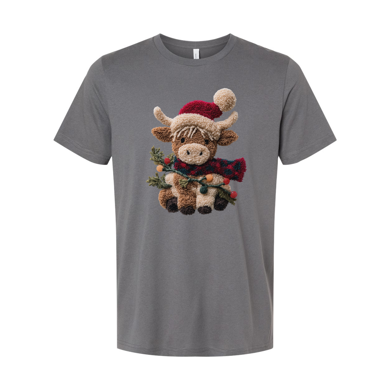 Unisex Christmas T Shirt Featuring Cute Plush Reindeer In Santa Hat And Cozy Red Scarf With Evergreen Garlands