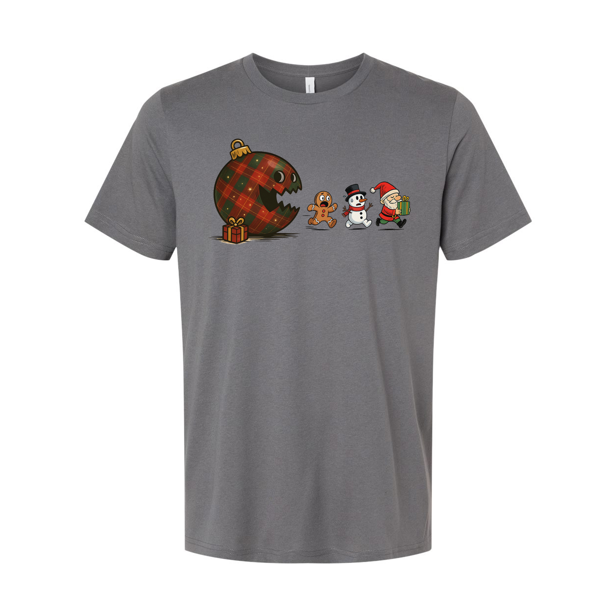 Unisex Christmas Graphic Tee Featuring Plaid Ornament Monster Chasing Gingerbread Man Snowman And Santa Claus