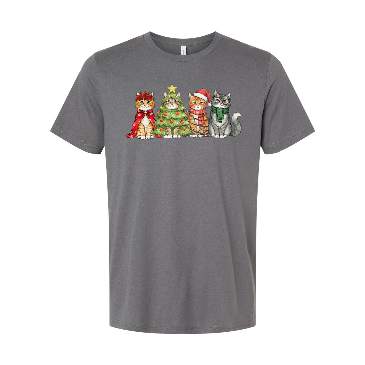 Unisex Christmas Cat T Shirt Featuring Five Festive Cats And A Decorated Christmas Tree Graphic